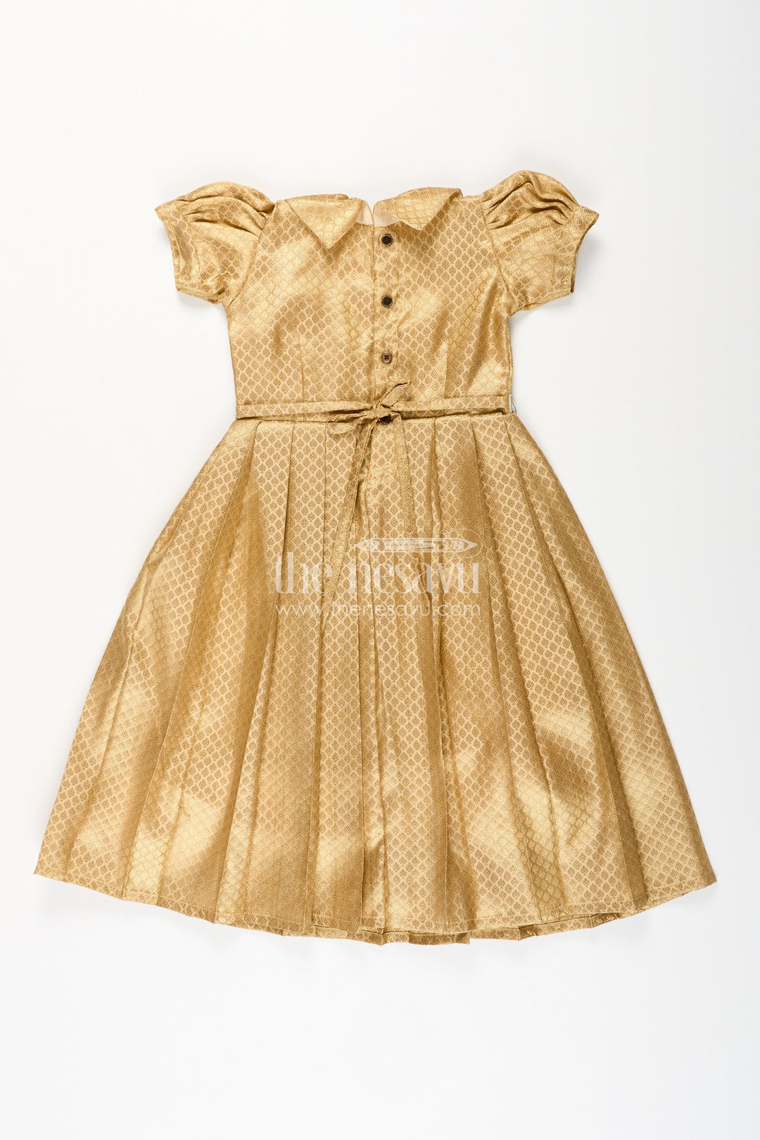 The Nesavu Girls Silk Gown Girls Golden Tissue Silk Anarkali Dress with Puff Sleeves and Beaded Waist Belt Nesavu Nesavu girls golden tissue silk anarkali with puff sleeves and bead-embellished waist belt