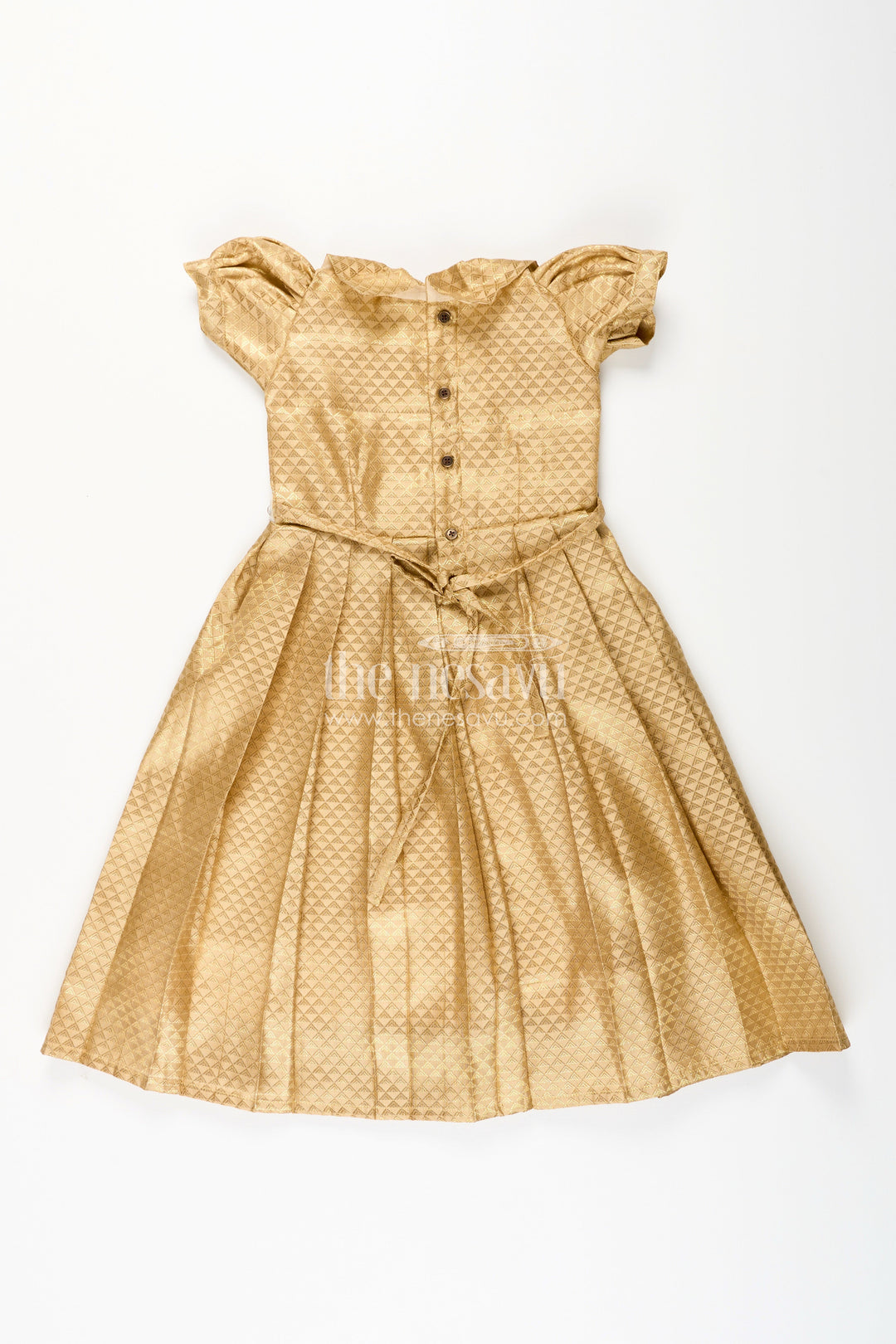 The Nesavu Girls Silk Gown Girls Golden Tissue Silk Anarkali Dress with Puff Sleeves and Beaded Waist Belt Nesavu Nesavu girls golden tissue silk anarkali with puff sleeves and bead-embellished waist belt