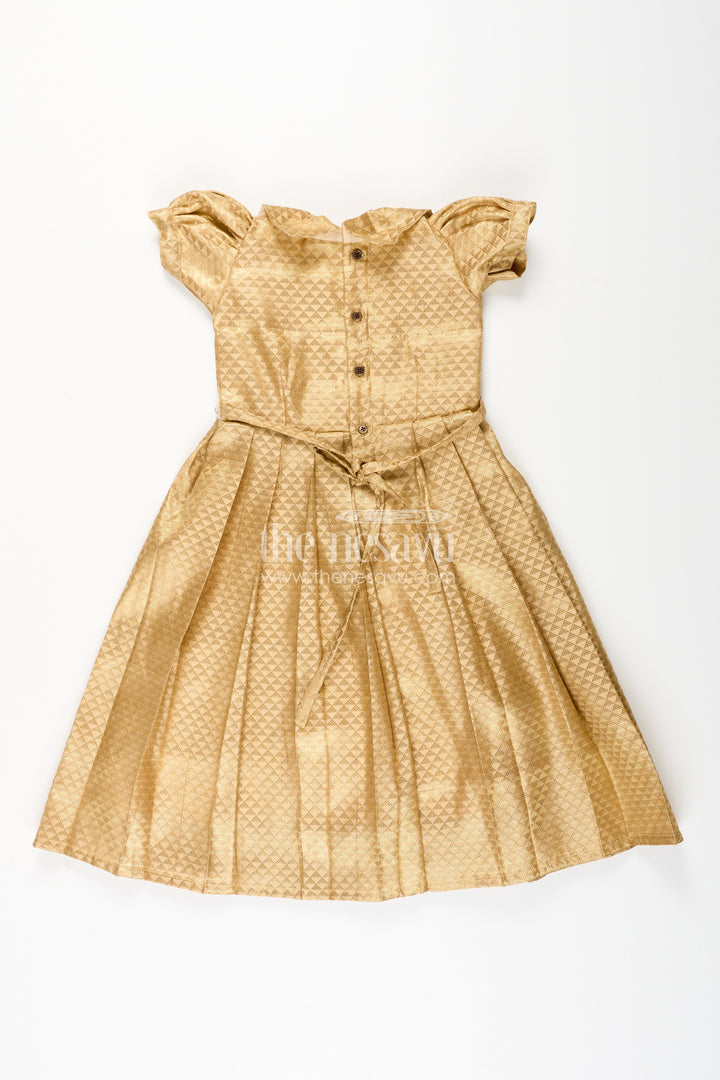 The Nesavu Girls Silk Gown Girls Golden Tissue Silk Anarkali Dress with Puff Sleeves and Beaded Waist Belt Nesavu Nesavu girls golden tissue silk anarkali with puff sleeves and bead-embellished waist belt