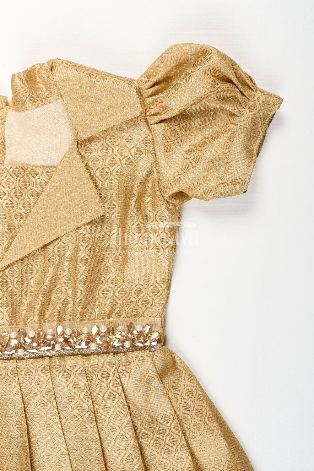 The Nesavu Girls Silk Gown Girls Golden Tissue Silk Anarkali Dress with Puff Sleeves and Beaded Waist Belt Nesavu Nesavu girls golden tissue silk anarkali with puff sleeves and embellished waist belt