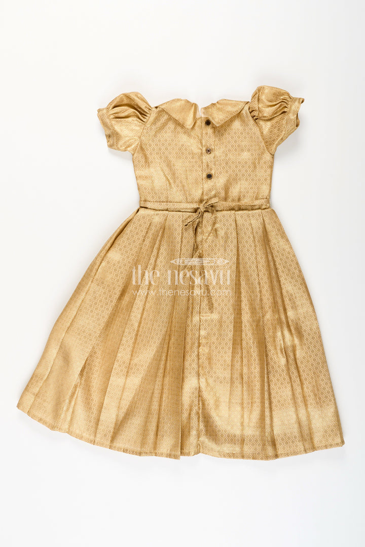 The Nesavu Girls Silk Gown Girls Golden Tissue Silk Anarkali Dress with Puff Sleeves and Beaded Waist Belt Nesavu Nesavu girls golden tissue silk anarkali with puff sleeves and embellished waist belt