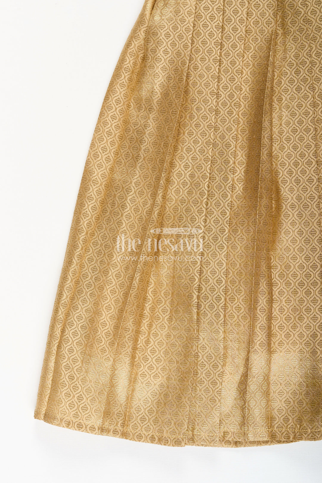 The Nesavu Girls Silk Gown Girls Golden Tissue Silk Anarkali Dress with Puff Sleeves and Beaded Waist Belt Nesavu Nesavu girls golden tissue silk anarkali with puff sleeves and embellished waist belt