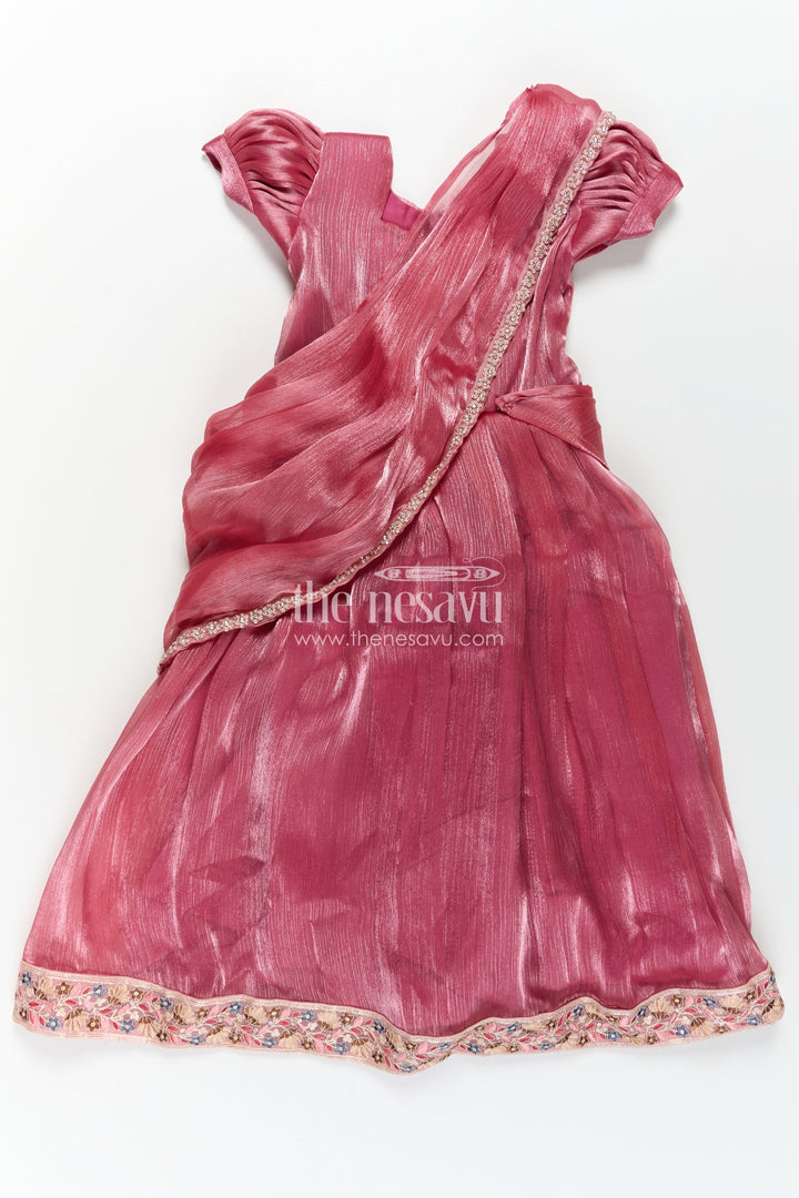 The Nesavu Girls Party Gown Girls Gown Dresses in Wine Organza with Stone Lace Detailing and Elegant Embellished Dupatta Nesavu 20 (3Y) / Pink GA310D-20 Girls Wine Organza Gown Dress with Stone Lace Embellishments and Flowing Dupatta | The Nesavu