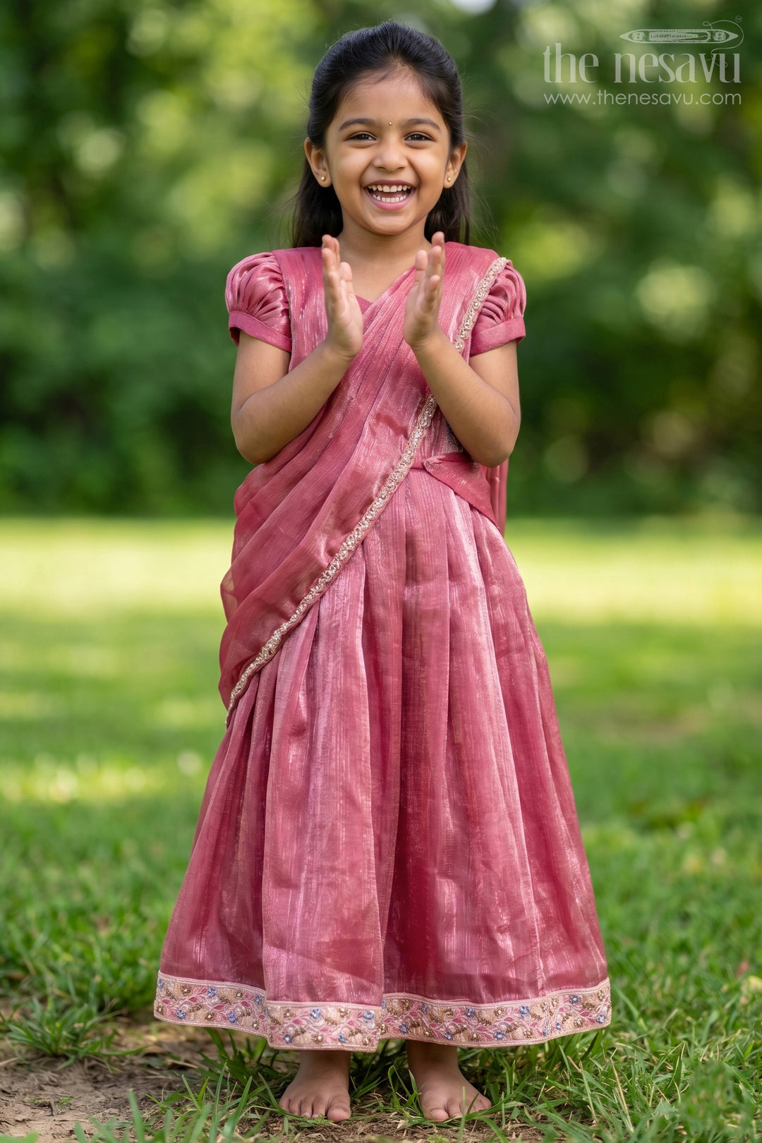 The Nesavu Girls Party Gown Girls Gown Dresses in Wine Organza with Stone Lace Detailing and Elegant Embellished Dupatta Nesavu 20 (3Y) / Pink GA310D-20 Girls Wine Organza Gown Dress with Stone Lace Embellishments and Flowing Dupatta | The Nesavu