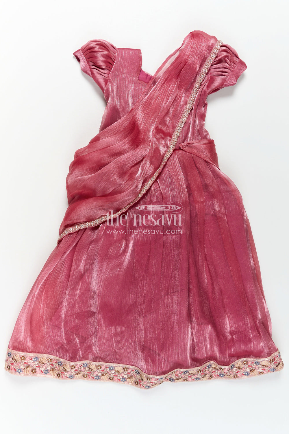 The Nesavu Girls Party Gown Girls Gown Dresses in Wine Organza with Stone Lace Detailing and Elegant Embellished Dupatta Nesavu Girls Wine Organza Gown Dress with Stone Lace Embellishments and Flowing Dupatta | The Nesavu