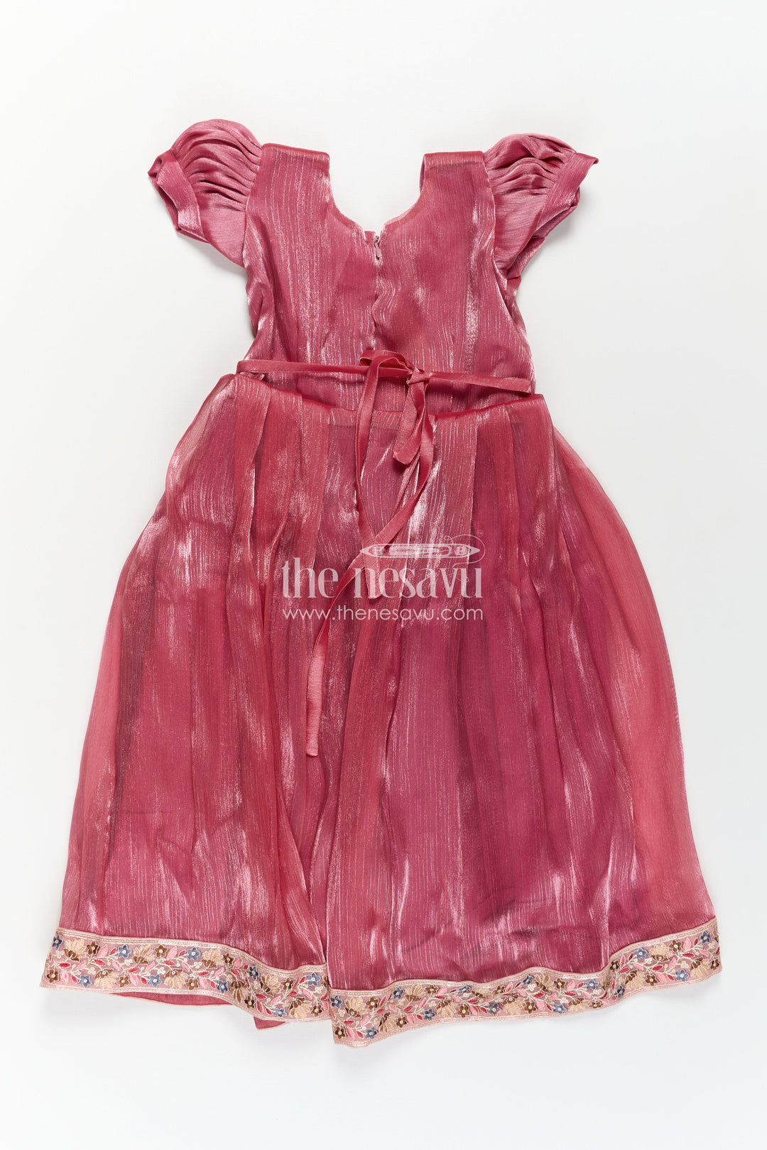 The Nesavu Girls Party Gown Girls Gown Dresses in Wine Organza with Stone Lace Detailing and Elegant Embellished Dupatta Nesavu Girls Wine Organza Gown Dress with Stone Lace Embellishments and Flowing Dupatta | The Nesavu
