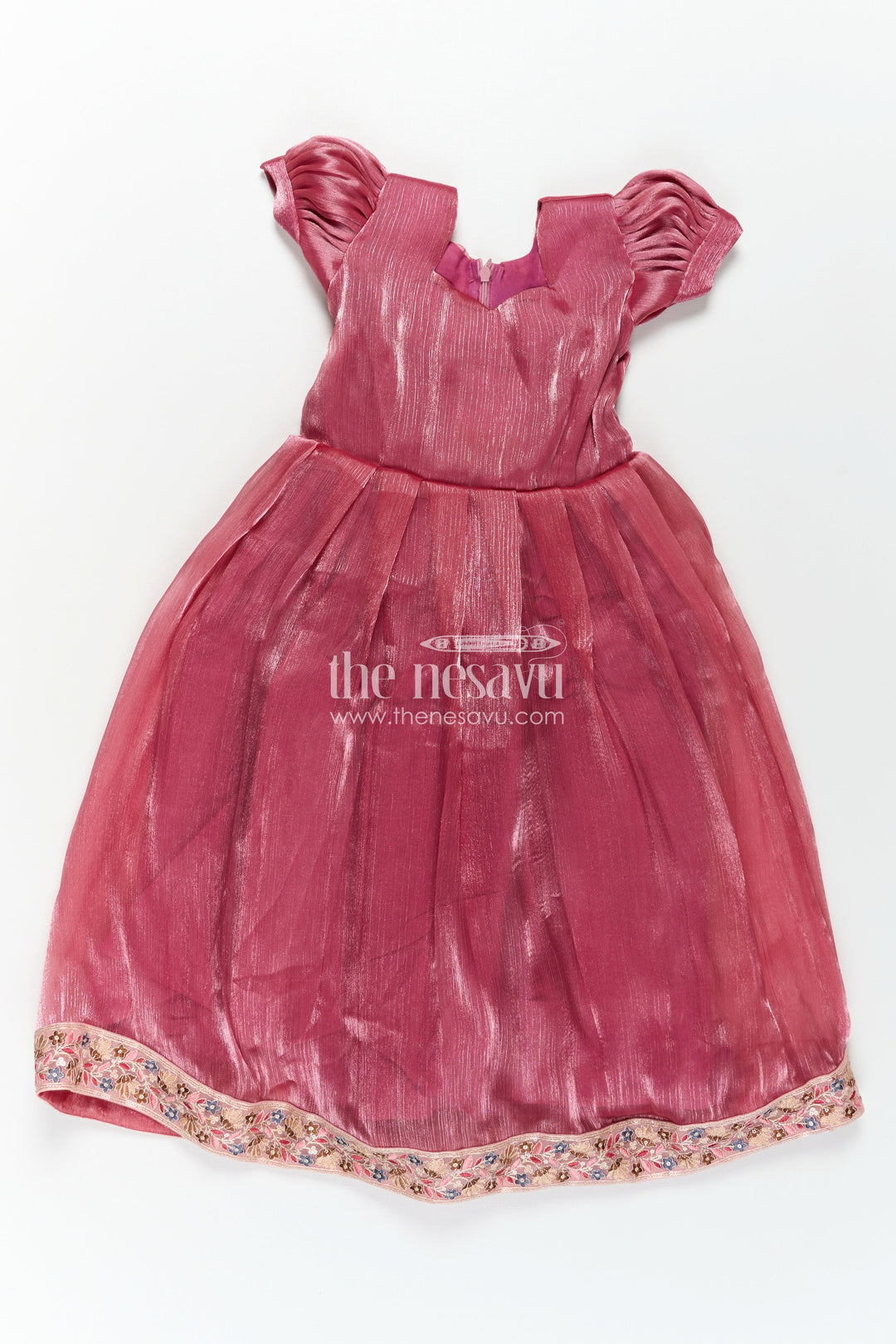 The Nesavu Girls Party Gown Girls Gown Dresses in Wine Organza with Stone Lace Detailing and Elegant Embellished Dupatta Nesavu Girls Wine Organza Gown Dress with Stone Lace Embellishments and Flowing Dupatta | The Nesavu
