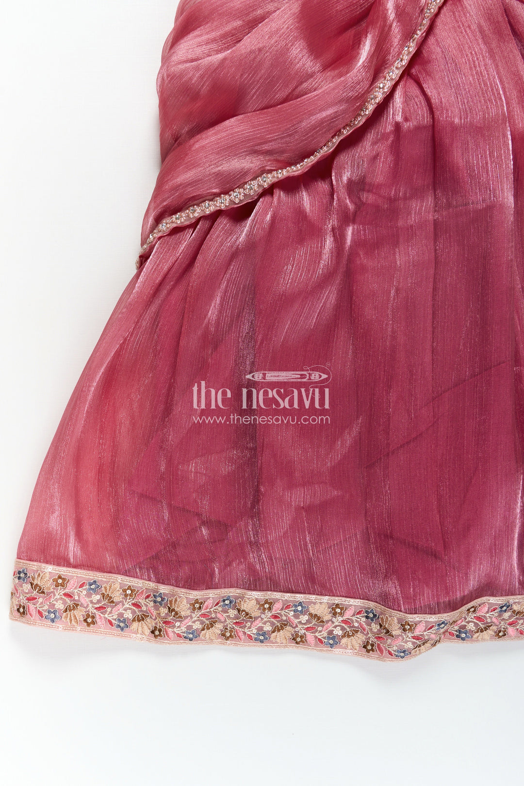 The Nesavu Girls Party Gown Girls Gown Dresses in Wine Organza with Stone Lace Detailing and Elegant Embellished Dupatta Nesavu Girls Wine Organza Gown Dress with Stone Lace Embellishments and Flowing Dupatta | The Nesavu