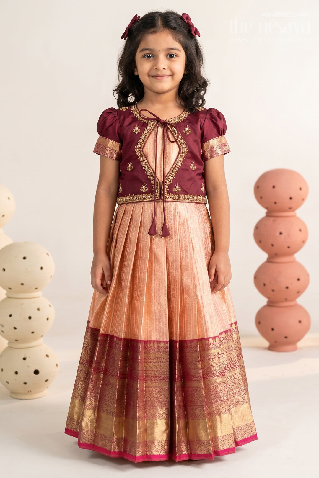 The Nesavu Girls Silk Gown Girls Gown with Jacket for Wedding Celebrations Nesavu 22 (4Y) / Pink / Semi Banarasi GA424A-22 Nesavu Girls Gown With Jacket For Wedding Celebrations With Semi Banaras Border And Embroidery