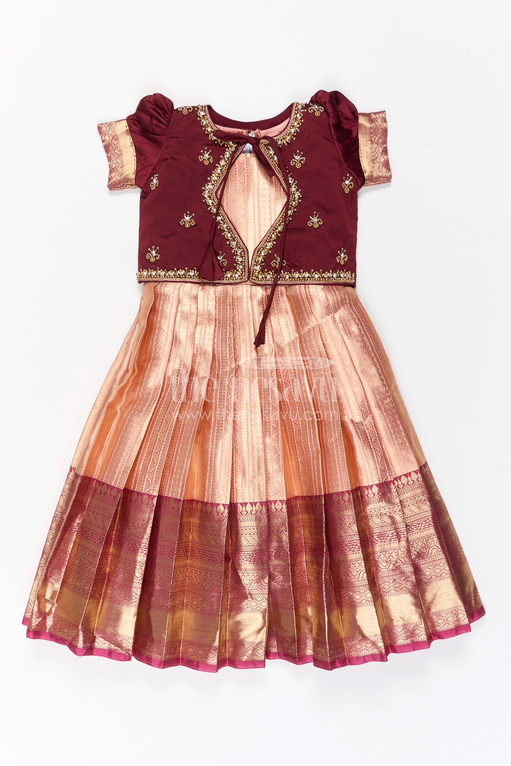 The Nesavu Girls Silk Gown Girls Gown with Jacket for Wedding Celebrations Nesavu 22 (4Y) / Pink / Semi Banarasi GA424A-22 Nesavu Girls Gown With Jacket For Wedding Celebrations With Semi Banaras Border And Embroidery