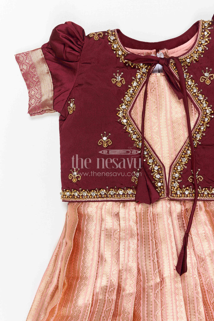 The Nesavu Girls Silk Gown Girls Gown with Jacket for Wedding Celebrations Nesavu Nesavu Girls Gown With Jacket For Wedding Celebrations With Semi Banaras Border And Embroidery
