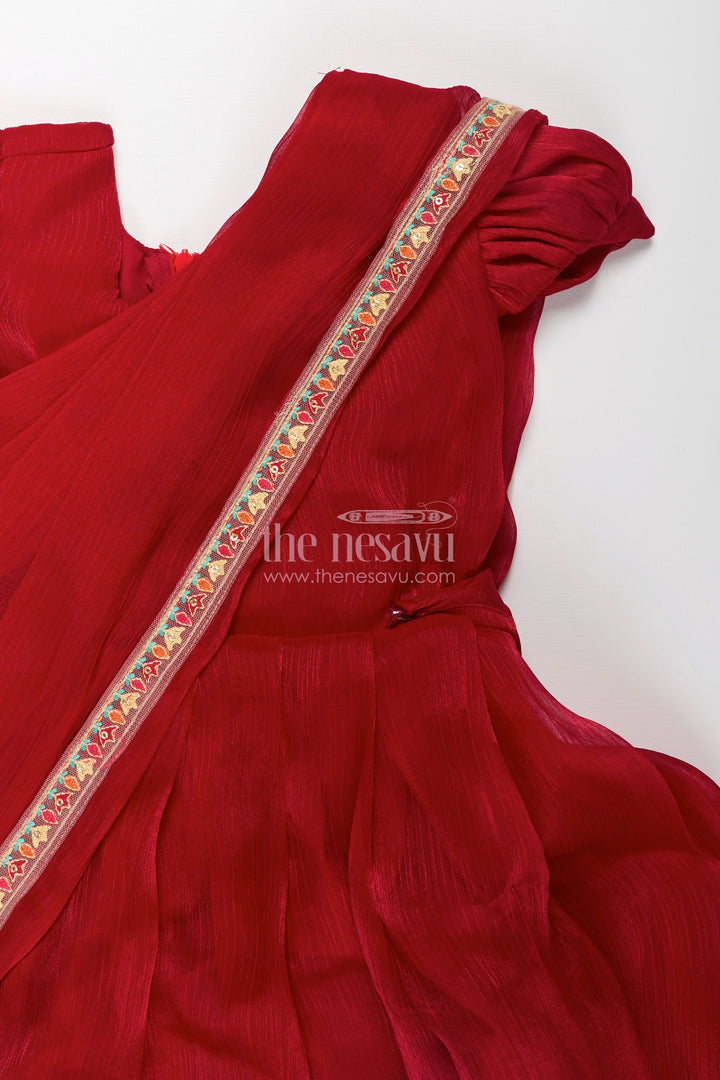 The Nesavu Girls Party Gown Girls Gowns for Weddings in Rich Red Organza with Embroidery Lace and Floral Dupatta Border Nesavu Girls Red Gown for Weddings in Organza with Floral Embroidered Hem and Lace Dupatta | The Nesavu