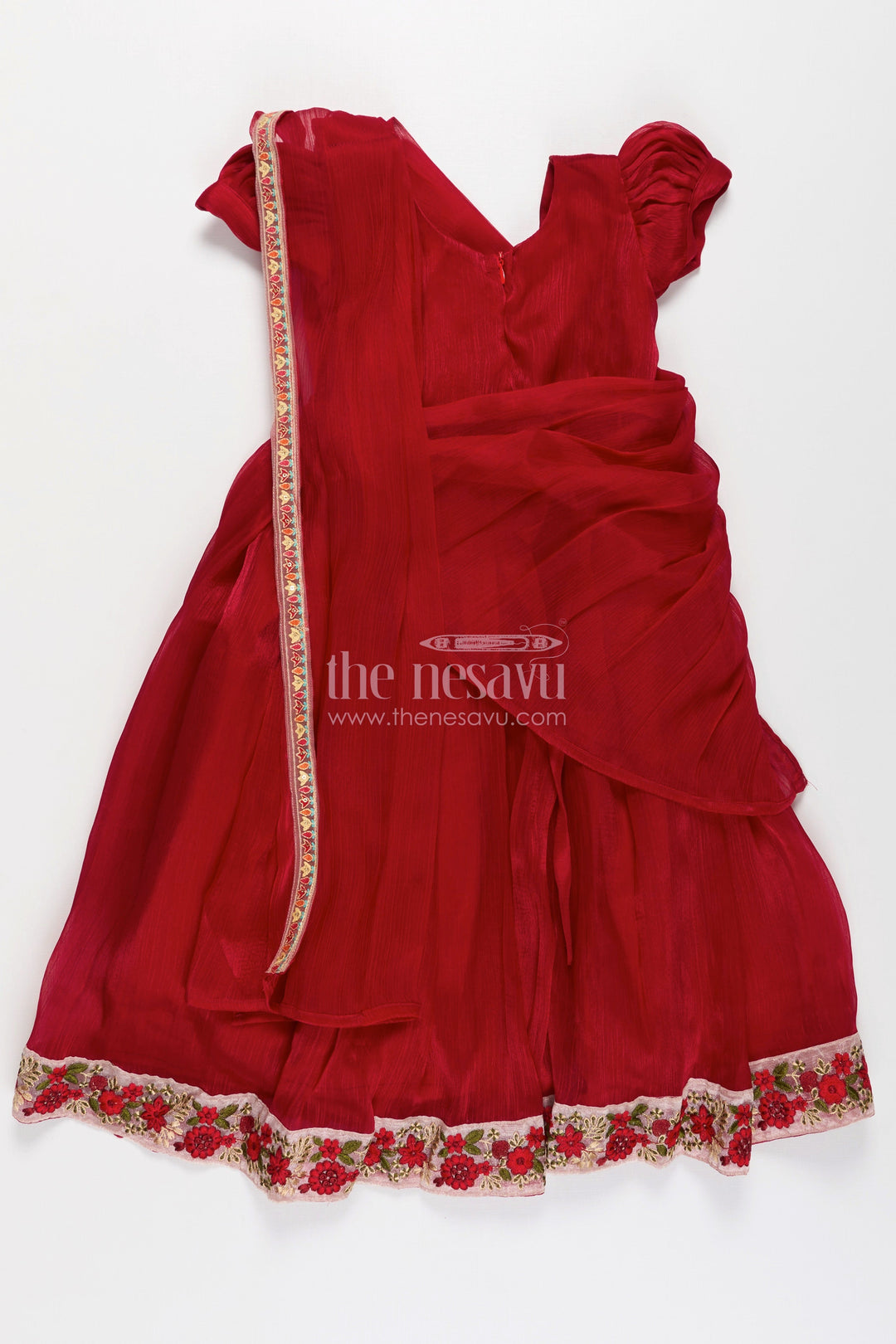The Nesavu Girls Party Gown Girls Gowns for Weddings in Rich Red Organza with Embroidery Lace and Floral Dupatta Border Nesavu Girls Red Gown for Weddings in Organza with Floral Embroidered Hem and Lace Dupatta | The Nesavu