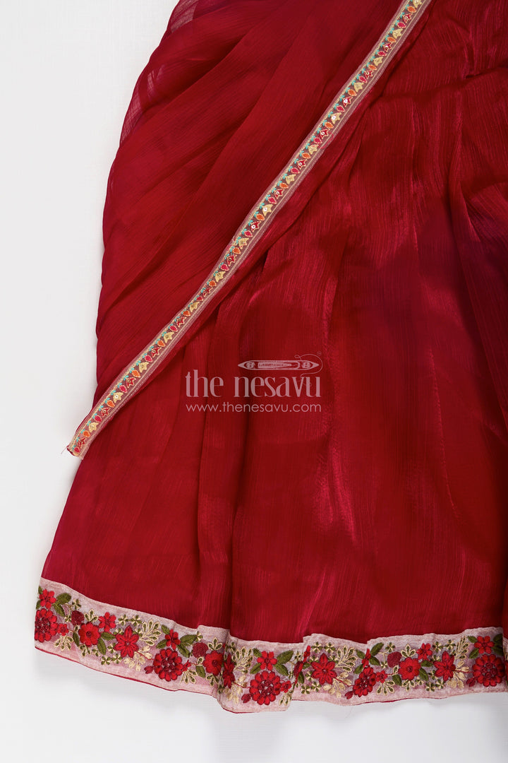 The Nesavu Girls Party Gown Girls Gowns for Weddings in Rich Red Organza with Embroidery Lace and Floral Dupatta Border Nesavu Girls Red Gown for Weddings in Organza with Floral Embroidered Hem and Lace Dupatta | The Nesavu