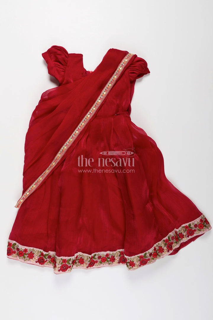 The Nesavu Girls Party Gown Girls Gowns for Weddings in Rich Red Organza with Embroidery Lace and Floral Dupatta Border Nesavu Girls Red Gown for Weddings in Organza with Floral Embroidered Hem and Lace Dupatta | The Nesavu