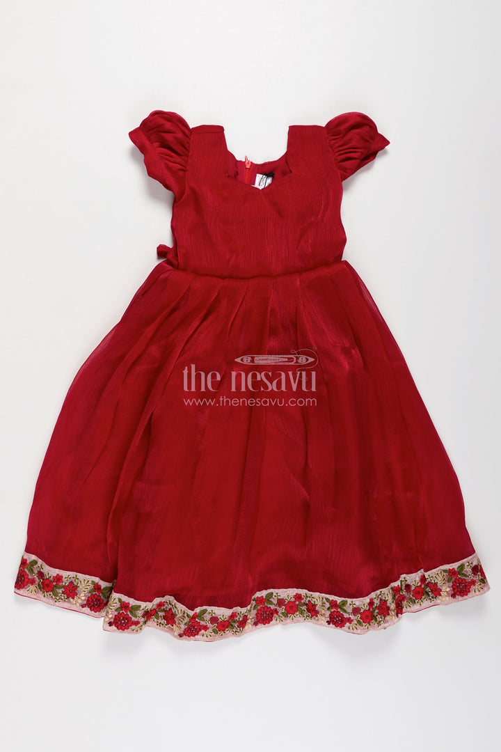 The Nesavu Girls Party Gown Girls Gowns for Weddings in Rich Red Organza with Embroidery Lace and Floral Dupatta Border Nesavu Girls Red Gown for Weddings in Organza with Floral Embroidered Hem and Lace Dupatta | The Nesavu