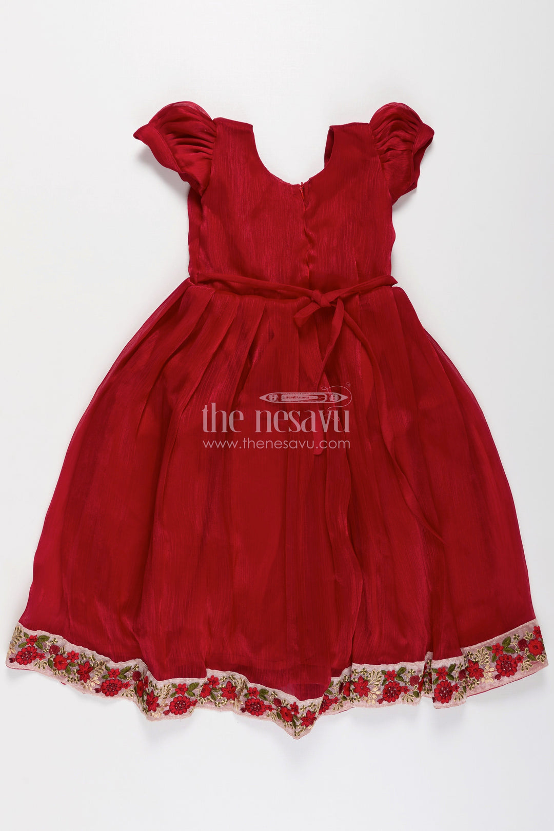 The Nesavu Girls Party Gown Girls Gowns for Weddings in Rich Red Organza with Embroidery Lace and Floral Dupatta Border Nesavu Girls Red Gown for Weddings in Organza with Floral Embroidered Hem and Lace Dupatta | The Nesavu