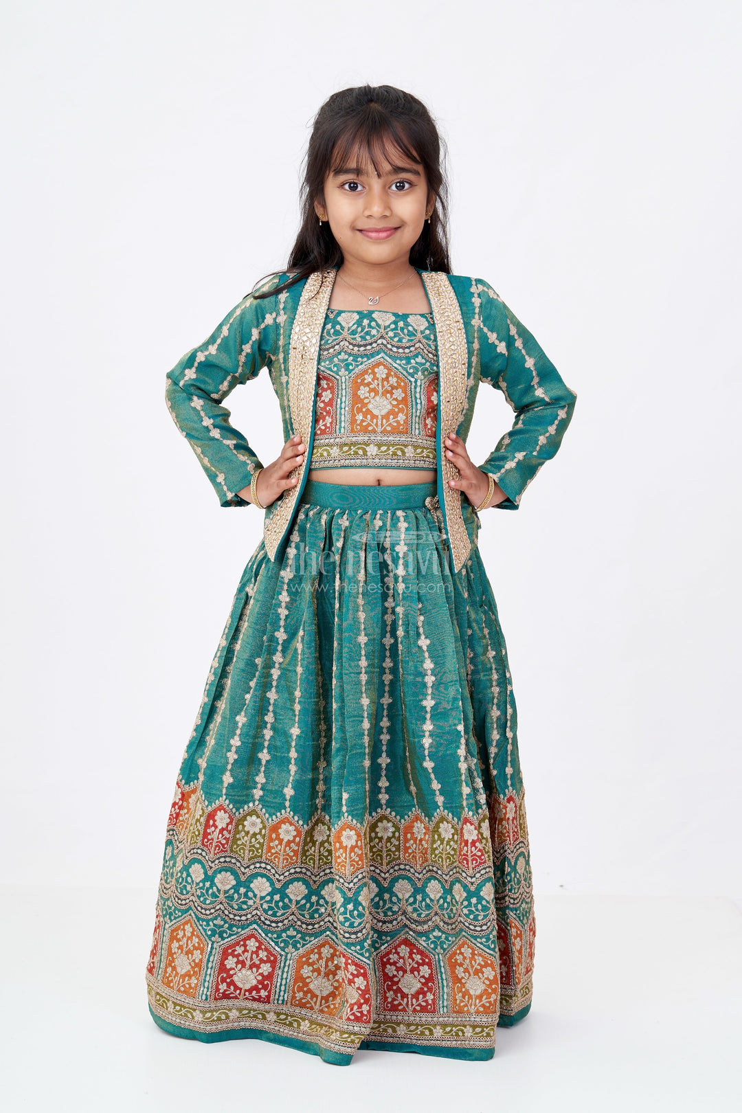 The Nesavu Girls Lehenga Choli Girls Green 10 Sal Ki Bacchi Ka Lehenga with Viscose Tissue Silk and Designer Embroidery Nesavu 22 (4Y) / Green GL613B-22 Girls Green Lehenga Choli 10 Year Old Tissue Silk Jacket Designer Embroidery | The Nesavu