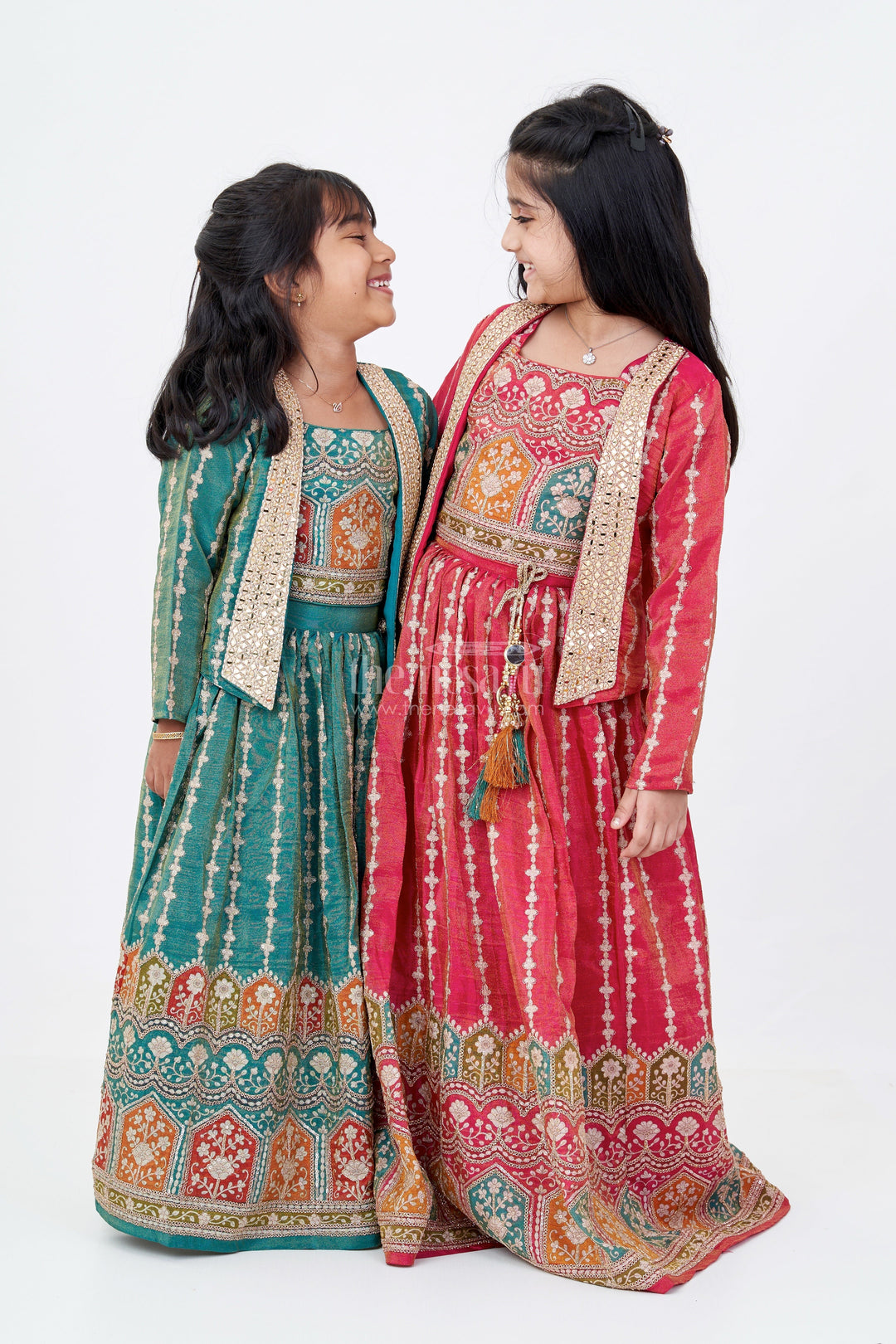 The Nesavu Girls Lehenga Choli Girls Green 10 Sal Ki Bacchi Ka Lehenga with Viscose Tissue Silk and Designer Embroidery Nesavu Girls Green Lehenga Choli 10 Year Old Tissue Silk Jacket Designer Embroidery | The Nesavu