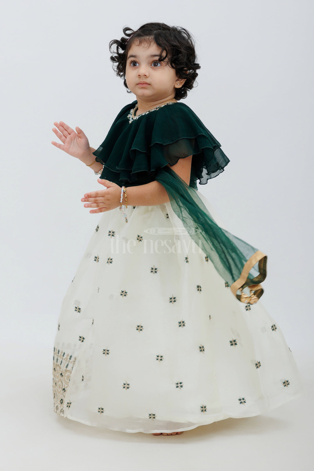 The Nesavu Girls Lehenga Choli Girls Green and Cream Georgette Lehenga Choli with Designer Embroidery for Festive and Wedding Nesavu 16 (1Y) / Green GL464A-16 Nesavu Girls Green Cream Georgette Lehenga Choli Ruffled Sleeves Embroidery