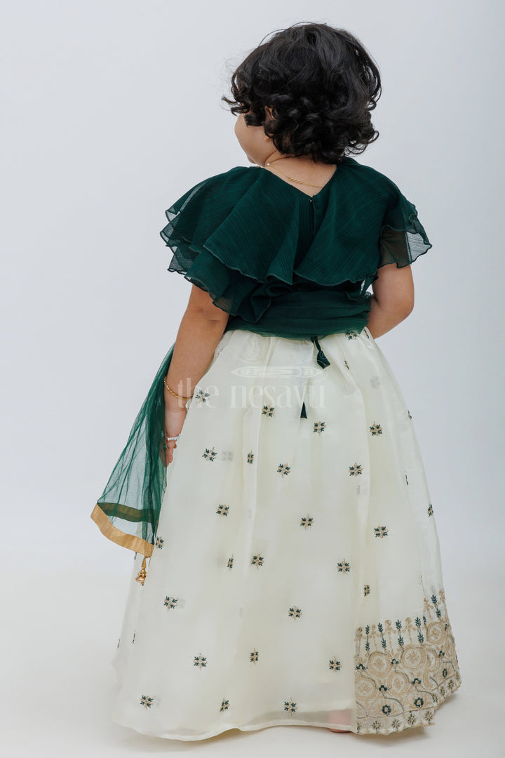 The Nesavu Girls Lehenga Choli Girls Green and Cream Georgette Lehenga Choli with Designer Embroidery for Festive and Wedding Nesavu Nesavu Girls Green Cream Georgette Lehenga Choli Ruffled Sleeves Embroidery