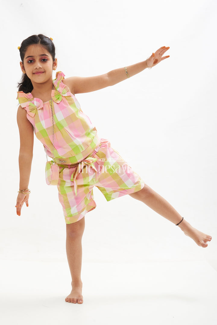 The Nesavu Baby Casual Sets Girls' Green and Pink Madras Checked Crop Top and Shorts Set Nesavu 16 (1Y) / multicolor GFC1356A-16