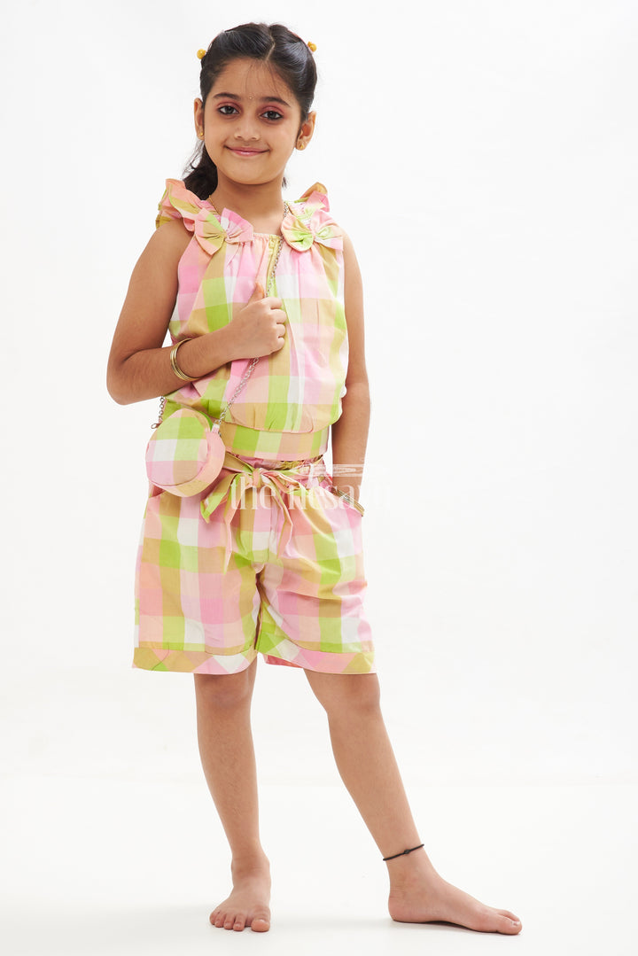 The Nesavu Baby Casual Sets Girls' Green and Pink Madras Checked Crop Top and Shorts Set Nesavu