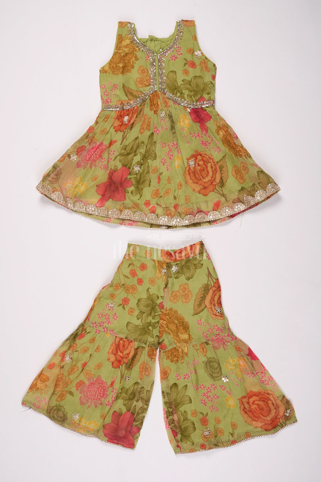 The Nesavu Girls Sharara / Plazo Set Girls Green and Red Floral Sharara Plazo Set with Delicate Gold Embroidery Nesavu 16 (1Y) / Green GPS414A-16 Nesavu Green Red Floral Sharara Plazo Set Girls Gold Embroidery