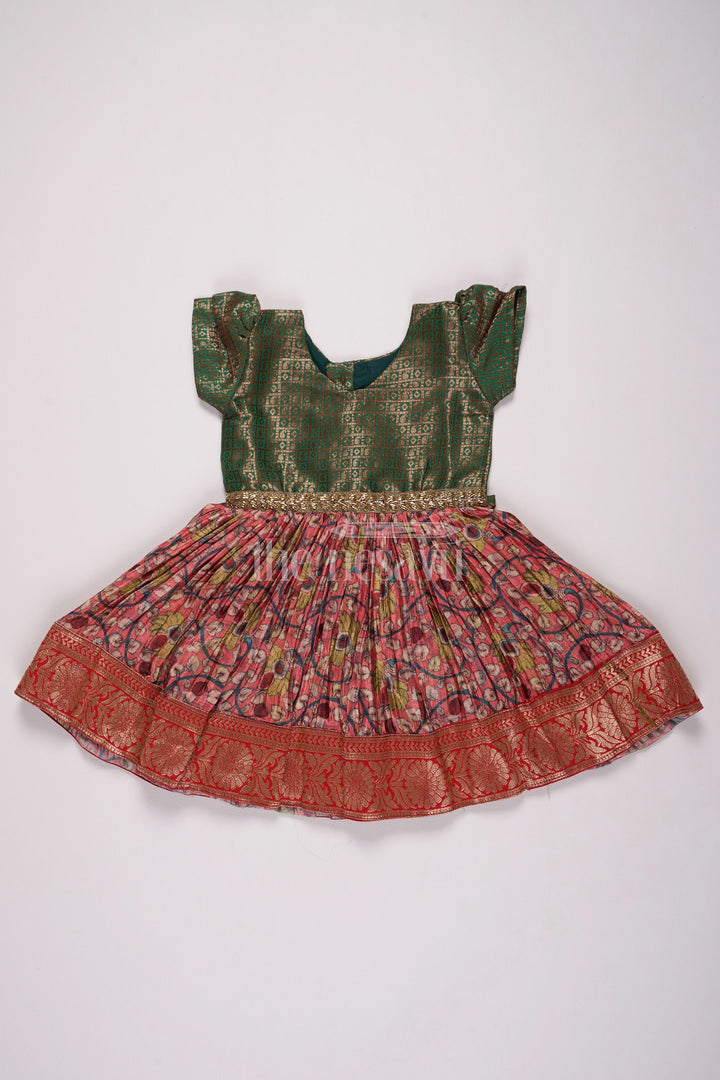 The Nesavu Silk Frock Girls Green and Red Pleated Silk Christmas Frock with Elegant Embroidery Nesavu 16 (1Y) / Green SF941A-16 Nesavu Girls Green Red Silk Christmas Frock Floral Pleats Zari Border