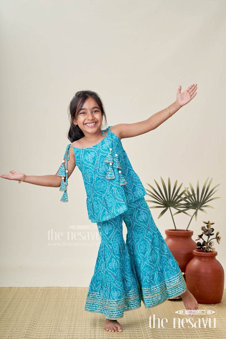 The Nesavu Girls Casual Set Girls Green Casual Cotton Sharara Set for Everyday Ethnic Comfort Nesavu 24 (5Y) / Blue GPS712C-24 Nesavu Girls Green Cotton Sharara Set Printed Halter Top Ethnic Casual Wear