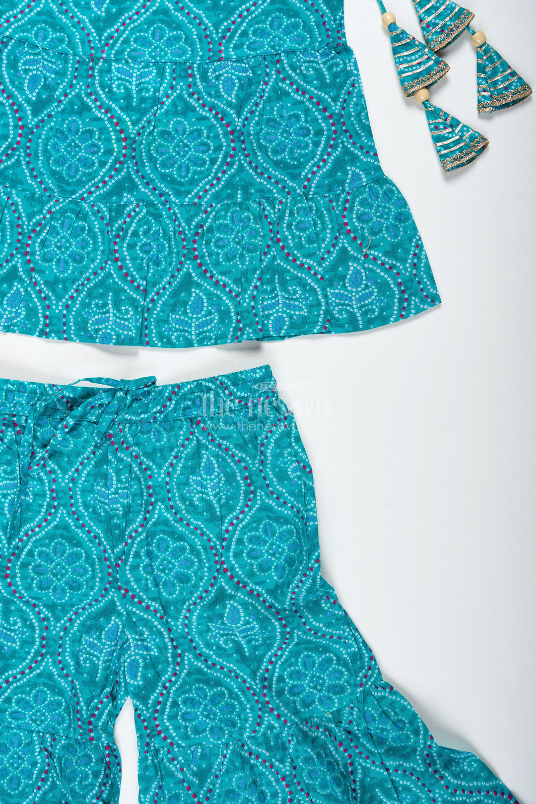 The Nesavu Girls Casual Set Girls Green Casual Cotton Sharara Set for Everyday Ethnic Comfort Nesavu Nesavu Girls Green Cotton Sharara Set Printed Halter Top Ethnic Casual Wear