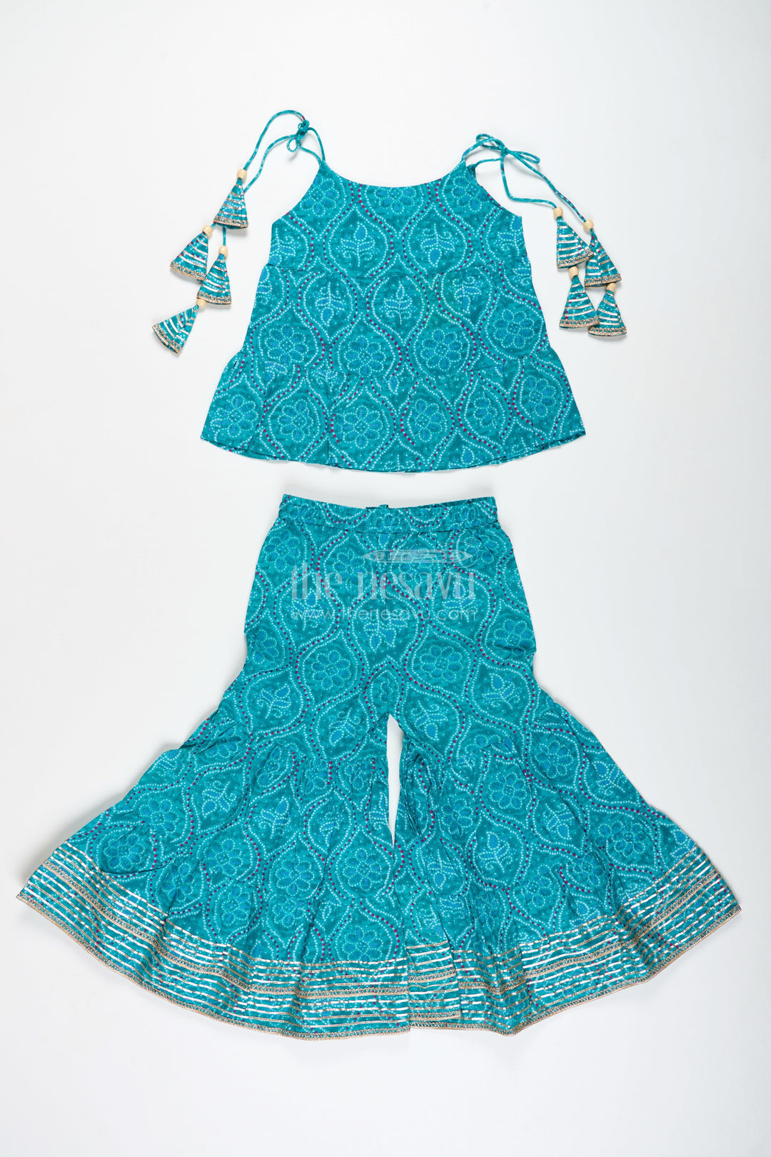 The Nesavu Girls Casual Set Girls Green Casual Cotton Sharara Set for Everyday Ethnic Comfort Nesavu Nesavu Girls Green Cotton Sharara Set Printed Halter Top Ethnic Casual Wear