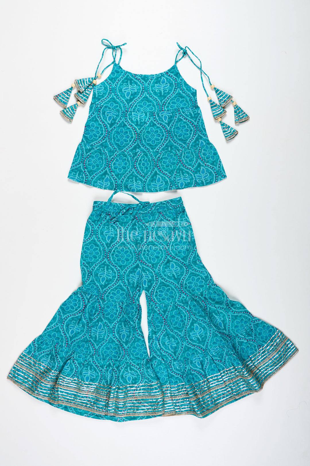 The Nesavu Girls Casual Set Girls Green Casual Cotton Sharara Set for Everyday Ethnic Comfort Nesavu Nesavu Girls Green Cotton Sharara Set Printed Halter Top Ethnic Casual Wear
