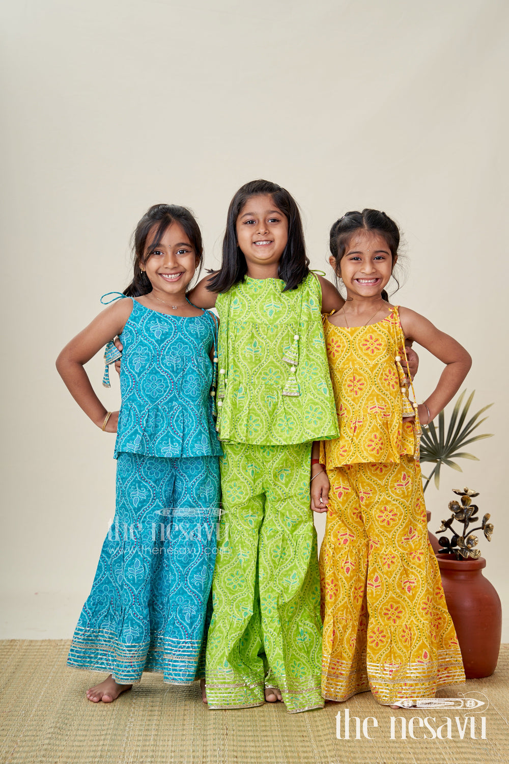 The Nesavu Girls Casual Set Girls Green Casual Cotton Sharara Set for Everyday Ethnic Comfort Nesavu Nesavu Girls Green Cotton Sharara Set Printed Halter Top Ethnic Casual Wear
