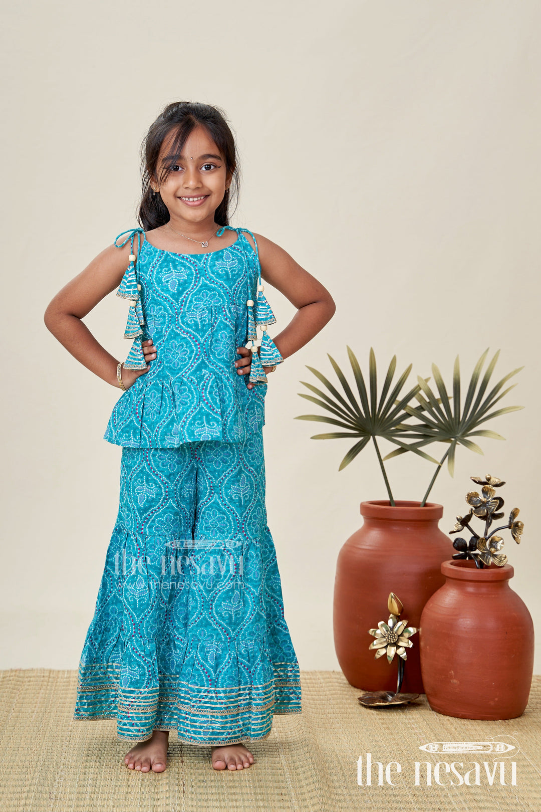 The Nesavu Girls Casual Set Girls Green Casual Cotton Sharara Set for Everyday Ethnic Comfort Nesavu Nesavu Girls Green Cotton Sharara Set Printed Halter Top Ethnic Casual Wear