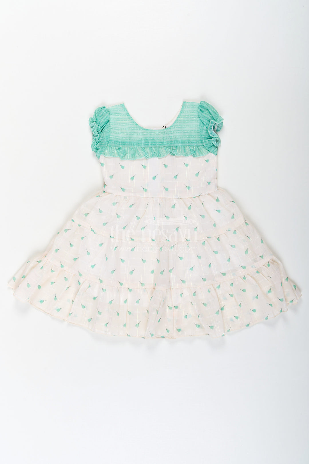 The Nesavu Girls Cotton Frock Girls Green Color Frock in Georgette with Ruffled Sleeves and Floral Print on Cream Base Nesavu 22 (4Y) / Green GFC1676B-22 Nesavu Girls Green Color Floral Frock Georgette Ruffles Layered Skirt