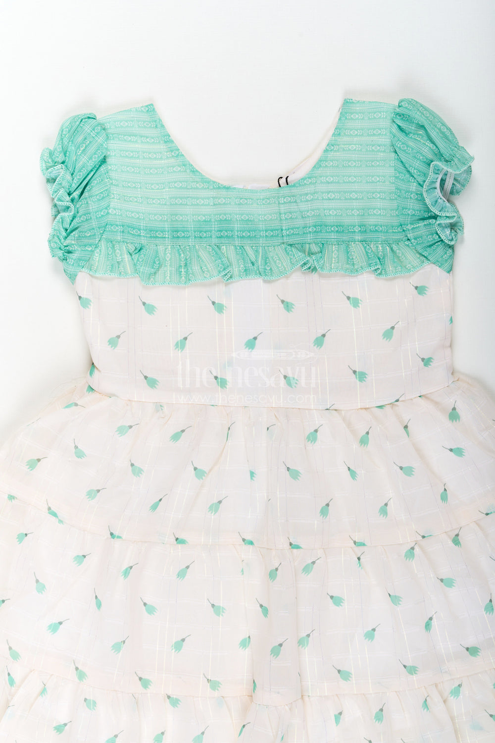 The Nesavu Girls Cotton Frock Girls Green Color Frock in Georgette with Ruffled Sleeves and Floral Print on Cream Base Nesavu Nesavu Girls Green Color Floral Frock Georgette Ruffles Layered Skirt