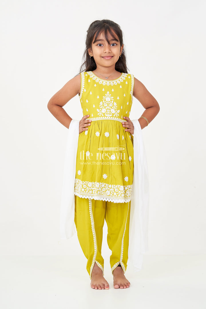 The Nesavu Girls Dothi Sets Girls Green Color Sharara Set with White Thread Embroidery and Matching Dupatta for Festive Wear Nesavu 18 (2Y) / Green GPS601B-18 Girls green color sharara Set Embroidered Kurti Dupatta Traditional Occasions | The Nesavu
