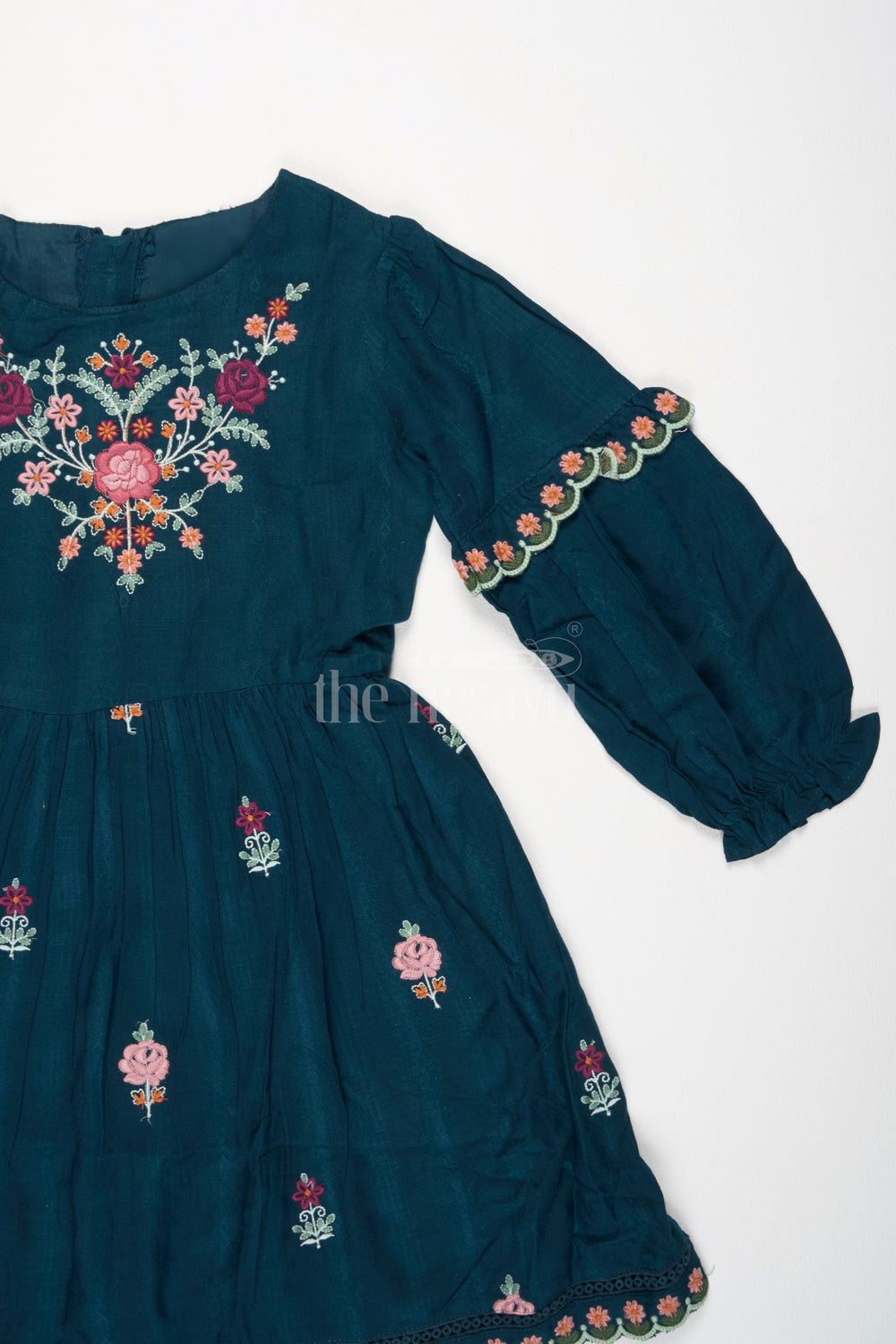 The Nesavu Girls Cotton Frock Girls Green Cotton Frock with Embroidered Bodice and Puff Sleeves in Charming Frock Fancy Design Nesavu Nesavu Girls Green Cotton Frock Puff Sleeves Embroidery Elegant frock fancy design