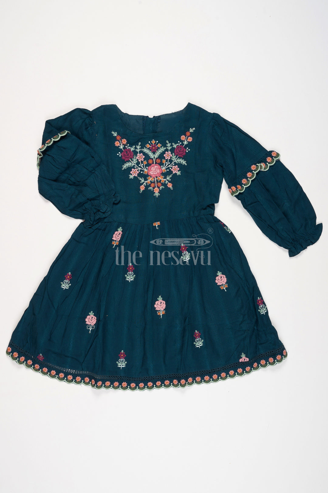 The Nesavu Girls Cotton Frock Girls Green Cotton Frock with Embroidered Bodice and Puff Sleeves in Charming Frock Fancy Design Nesavu Nesavu Girls Green Cotton Frock Puff Sleeves Embroidery Elegant frock fancy design