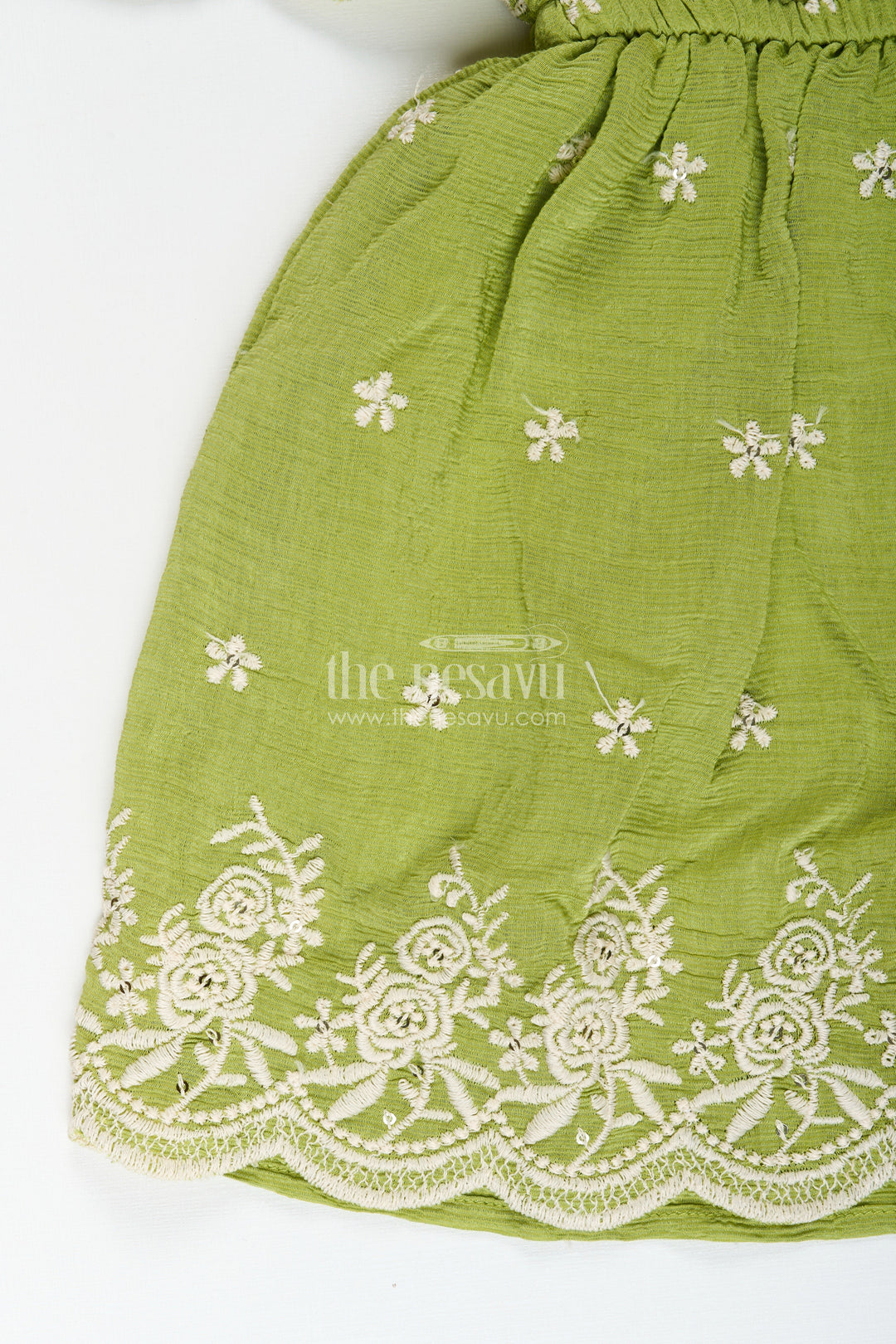The Nesavu Girls Cotton Frock Girls green cotton frock with embroidery for birthdays and festive wear Nesavu Nesavu girls green cotton frock thread embroidery festive occasions birthdays