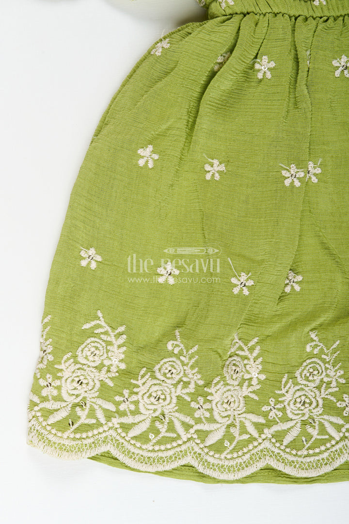 The Nesavu Girls Cotton Frock Girls green cotton frock with embroidery for birthdays and festive wear Nesavu Nesavu girls green cotton frock thread embroidery festive occasions birthdays