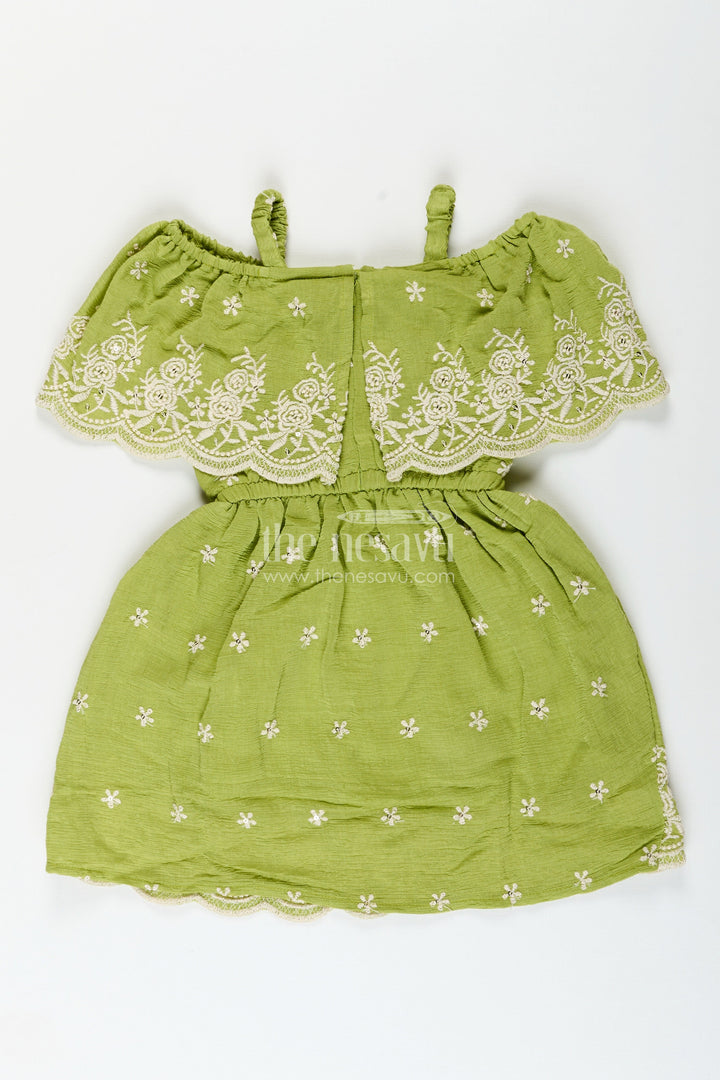 The Nesavu Girls Cotton Frock Girls green cotton frock with embroidery for birthdays and festive wear Nesavu Nesavu girls green cotton frock thread embroidery festive occasions birthdays