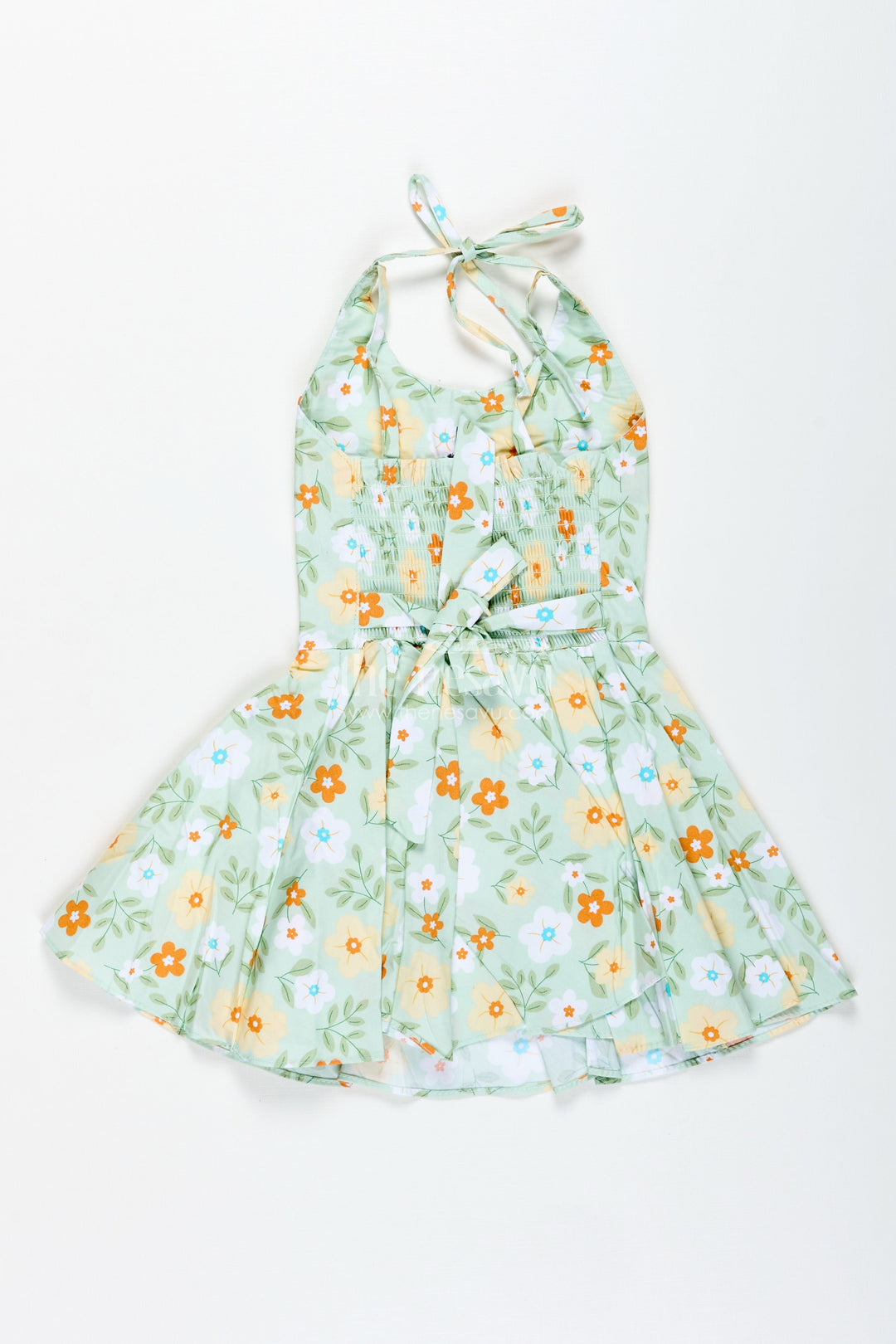 The Nesavu Girls Cotton Frock Girls Green Cotton Frock with Halter Neck and Floral Print for Summer Events Nesavu Nesavu Green Halter Neck Frock Toddler Girls Cotton Floral Dress Summer Events