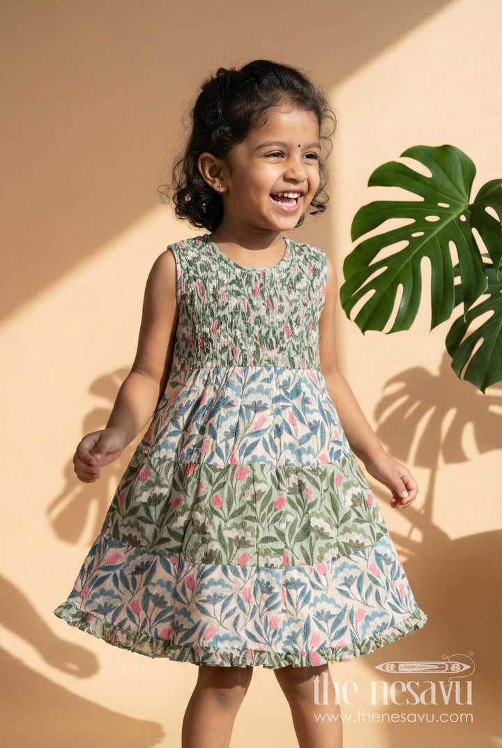 The Nesavu Girls Cotton Frock Girls Green Cotton Frock with Kantha Inspired Motifs and Playful Flair in Fancy Frock Design Style Nesavu 16 (1Y) / Green GFC1310C-16 Nesavu Girls Green Cotton Frock Kantha Embroidery Motifs Ruffle Details fancy frock design