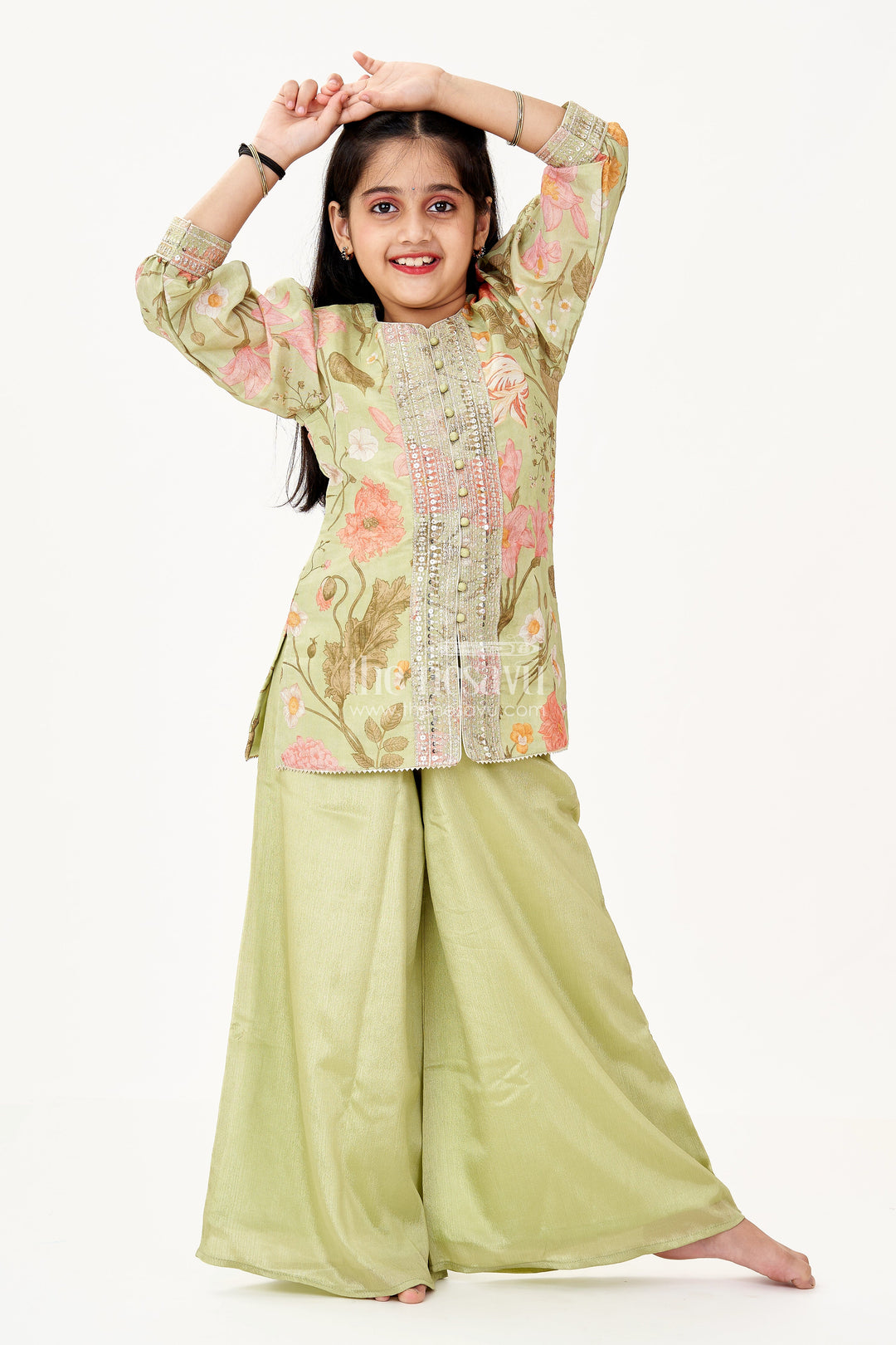 The Nesavu Girls Sharara / Plazo Set Girls Green Dress Palazzo Set in Floral Georgette with Sequence Embroidery and Puff Sleeves Nesavu 22 (4Y) / Green GPS584A-22 Girls Green Dress Palazzo Set Floral Georgette Print Elegant Sequin Embroidery | The Nesavu
