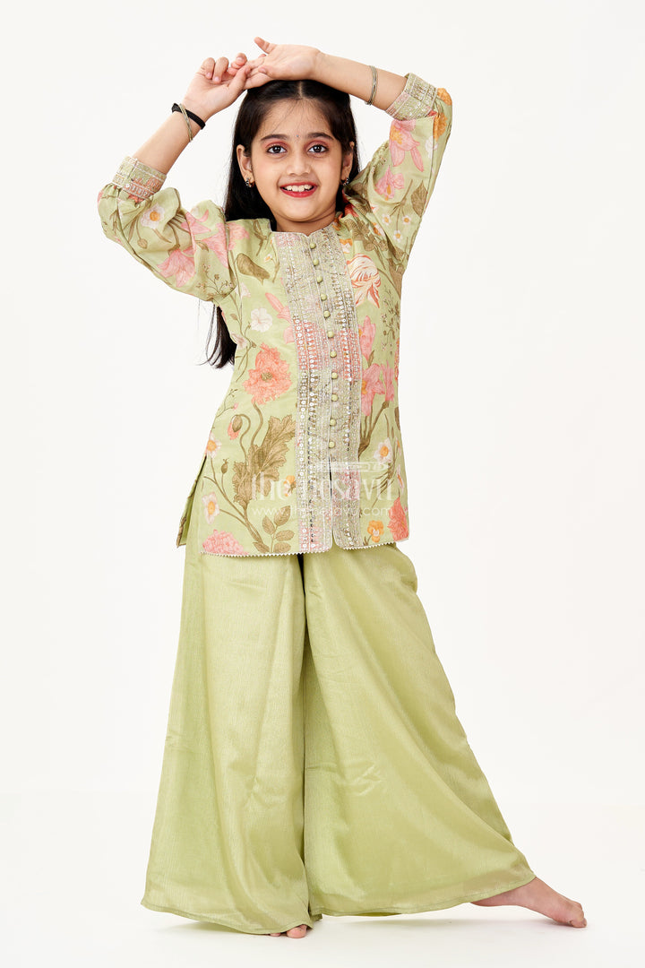 The Nesavu Girls Sharara / Plazo Set Girls Green Dress Palazzo Set in Floral Georgette with Sequence Embroidery and Puff Sleeves Nesavu 22 (4Y) / Green GPS584A-22 Girls Green Dress Palazzo Set Floral Georgette Print Elegant Sequin Embroidery | The Nesavu