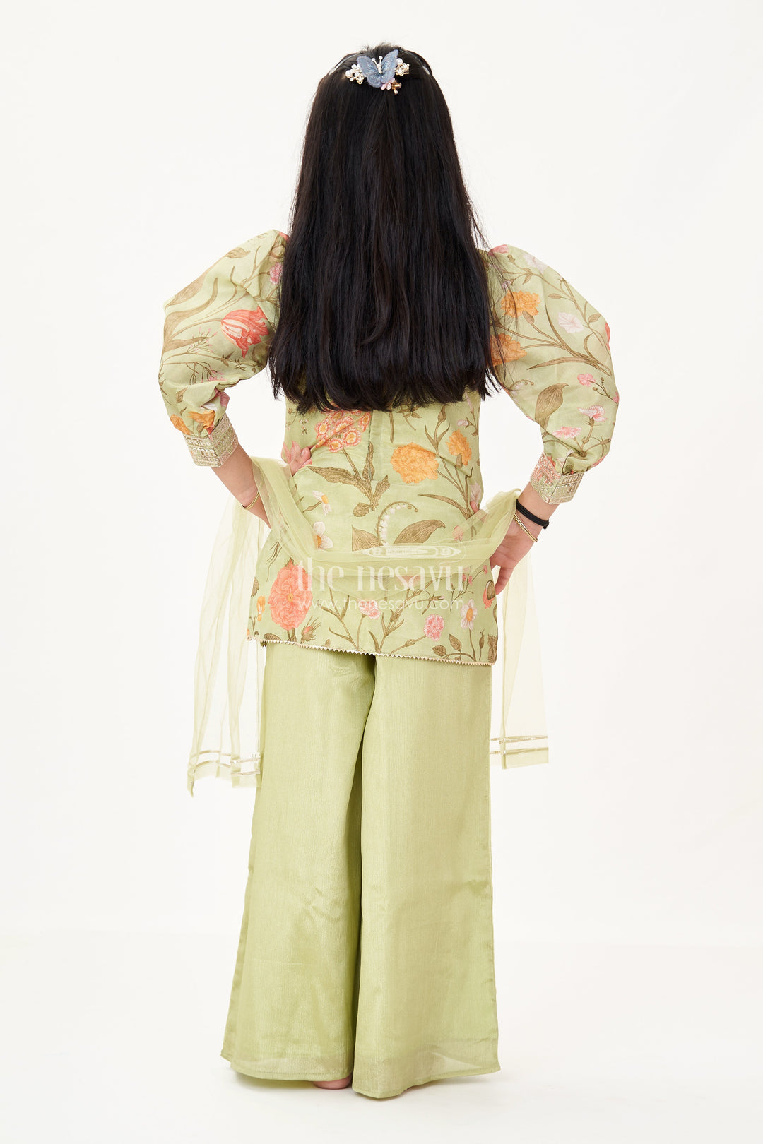 The Nesavu Girls Sharara / Plazo Set Girls Green Dress Palazzo Set in Floral Georgette with Sequence Embroidery and Puff Sleeves Nesavu Girls Green Dress Palazzo Set Floral Georgette Print Elegant Sequin Embroidery | The Nesavu