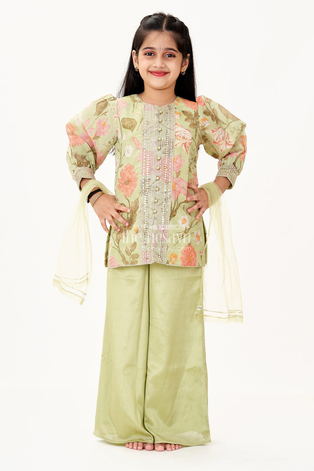 The Nesavu Girls Sharara / Plazo Set Girls Green Dress Palazzo Set in Floral Georgette with Sequence Embroidery and Puff Sleeves Nesavu Girls Green Dress Palazzo Set Floral Georgette Print Elegant Sequin Embroidery | The Nesavu