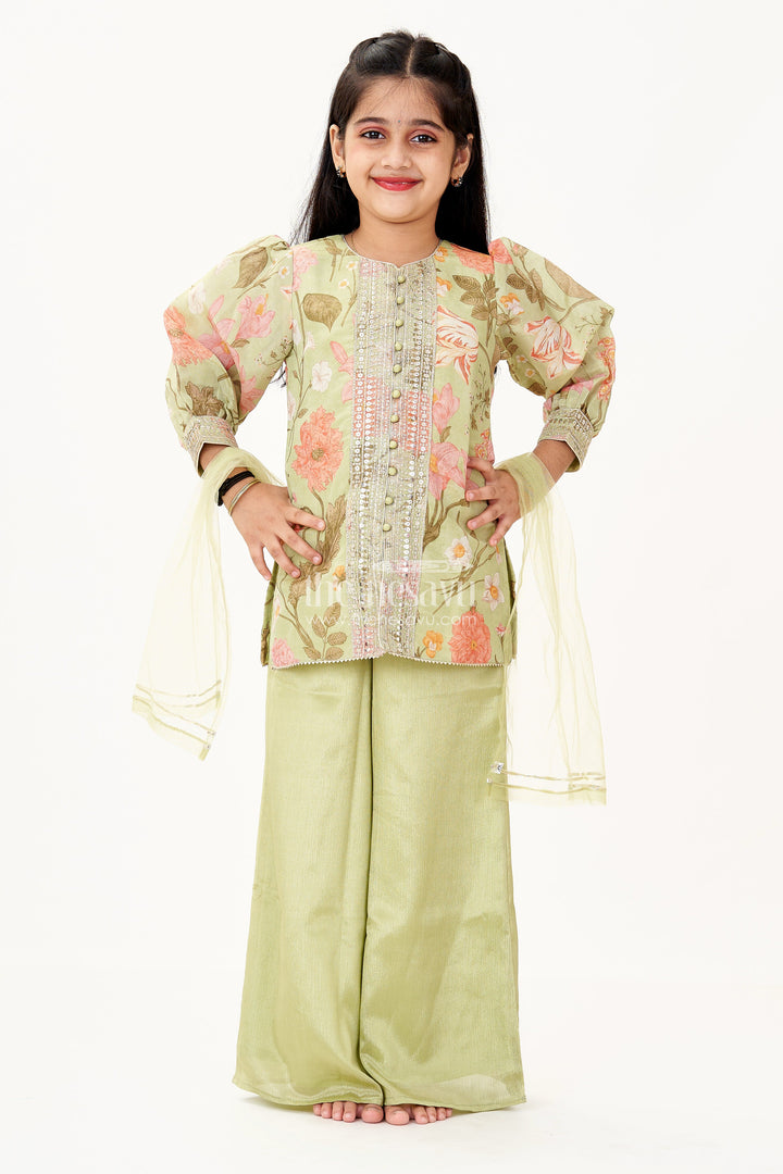 The Nesavu Girls Sharara / Plazo Set Girls Green Dress Palazzo Set in Floral Georgette with Sequence Embroidery and Puff Sleeves Nesavu Girls Green Dress Palazzo Set Floral Georgette Print Elegant Sequin Embroidery | The Nesavu